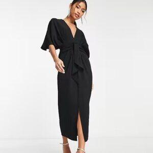 ASOS Design batwing plunge neck, tie front crepe midi black dress Size 12